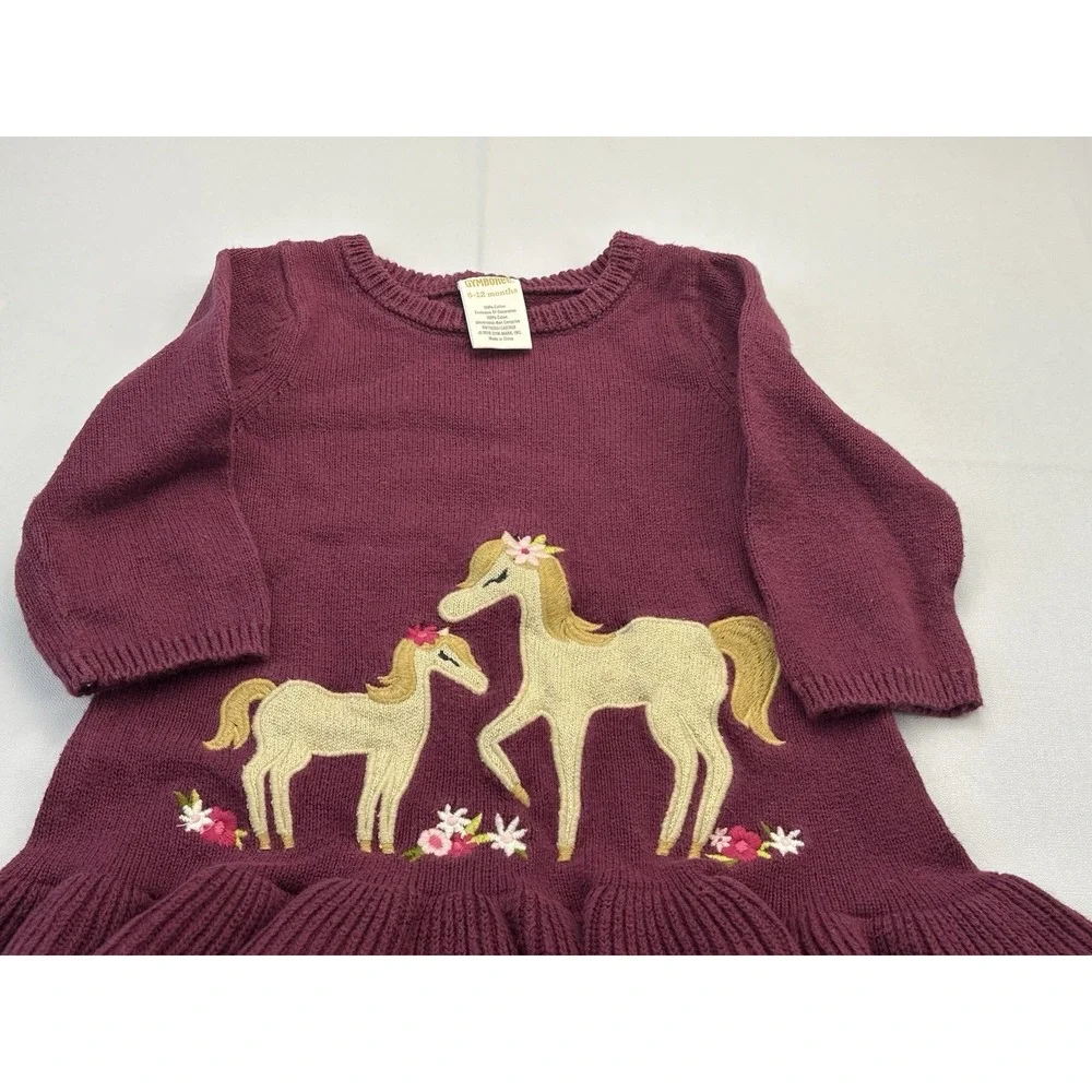 Gymboree Horse Sweater Dress 6-12 M Burgundy Ruffle Embroidered Cotton Farmcore